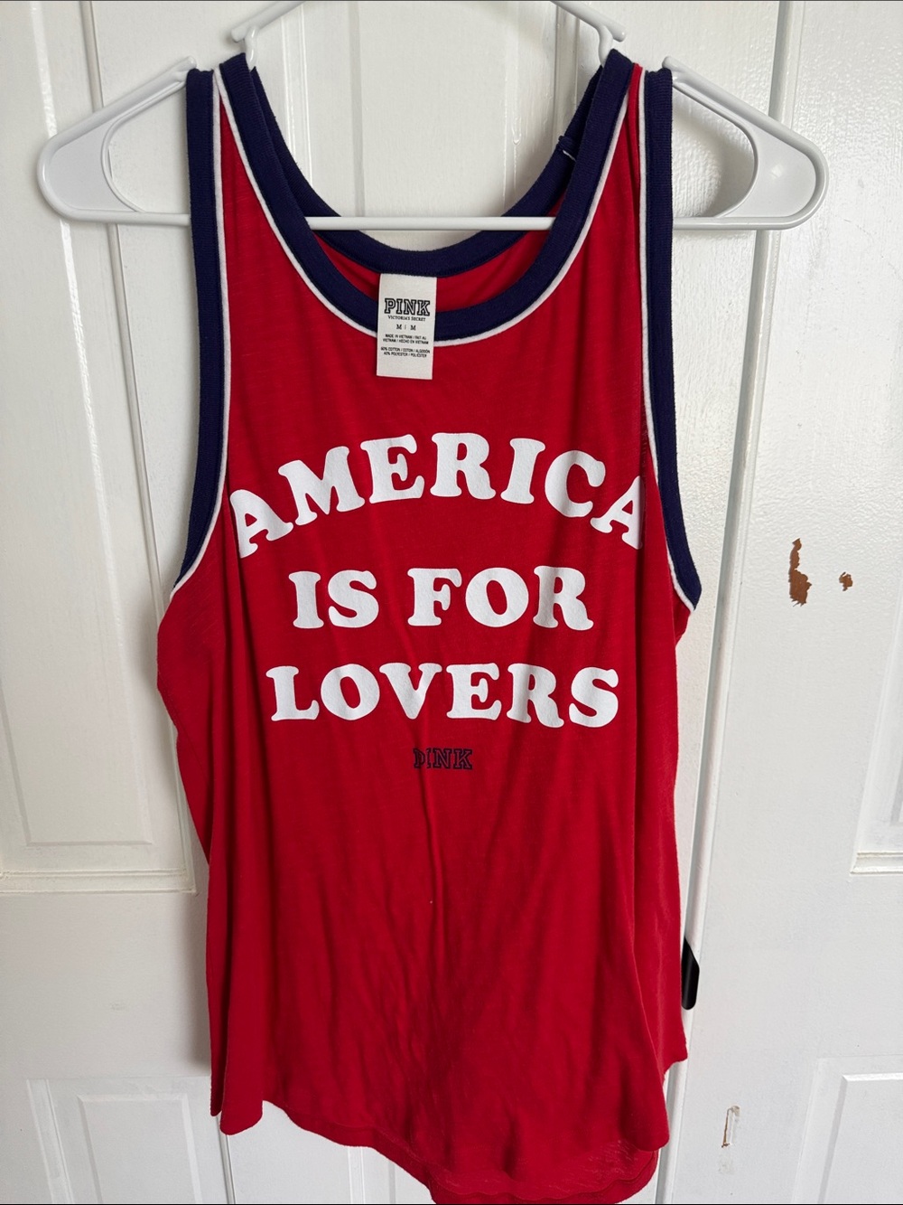 PINK Victoria's Secret Red "America Is For Lovers" Tank Top with Navy Trim